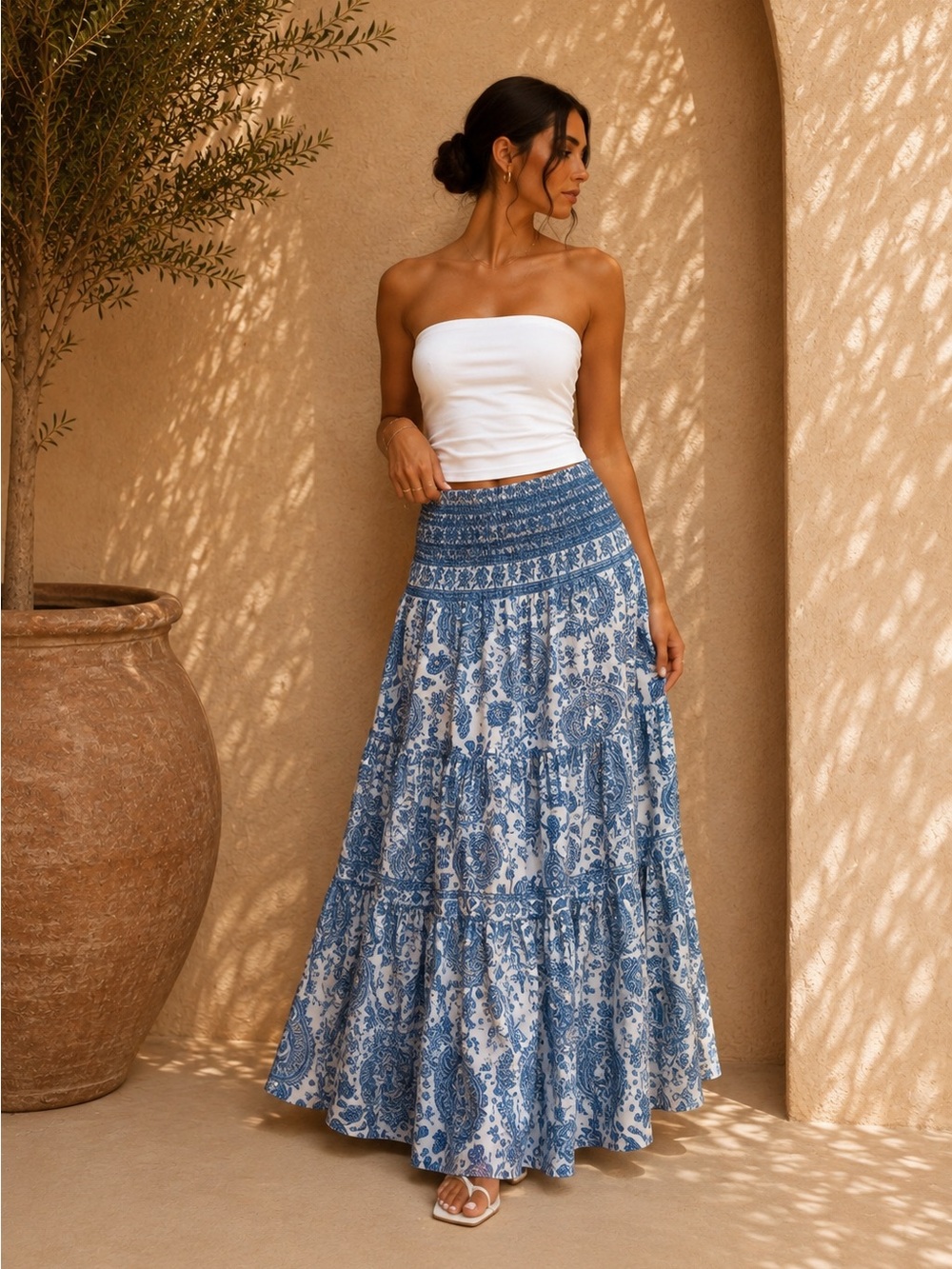 Commense Blue Paisley Smocked Tiered Maxi Skirt S | European Summer Skirt
